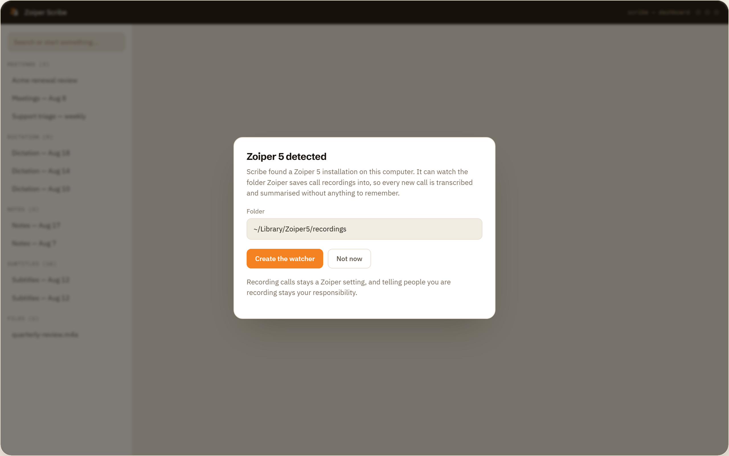 The Zoiper detected dialog offering to create a call recordings watcher in one click