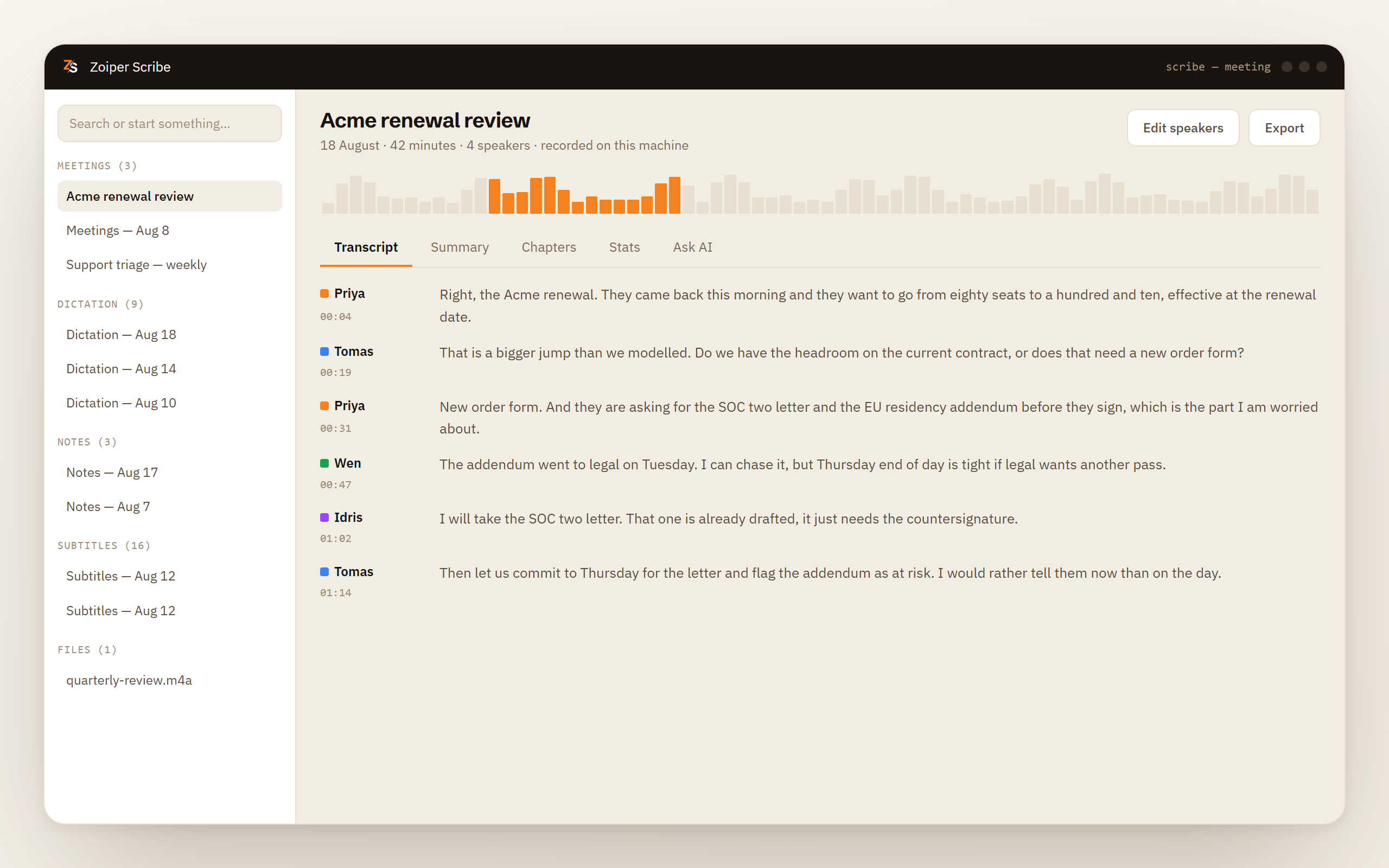 A meeting transcript with four labelled speakers, a waveform and timestamps