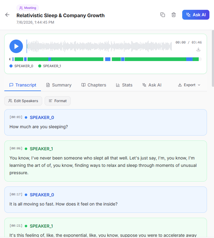 Meeting transcript — speaker-labelled with waveform and Ask AI