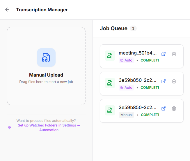 Transcription Manager — manual upload and job queue
